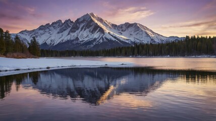 Snow-capped mountains reflecting in lake at sunset, purple sky 
