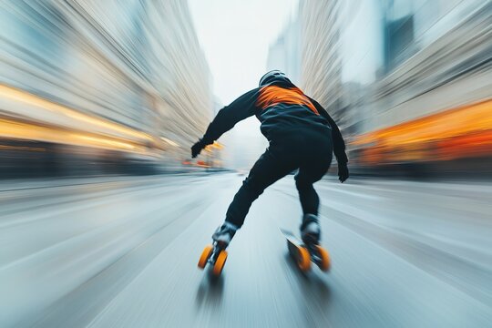Blurred motion of inline skater speeding through city
