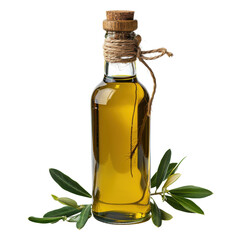 A beautiful glass bottle of olive oil, elegantly styled with a cork stopper and surrounded by fresh olive leaves.