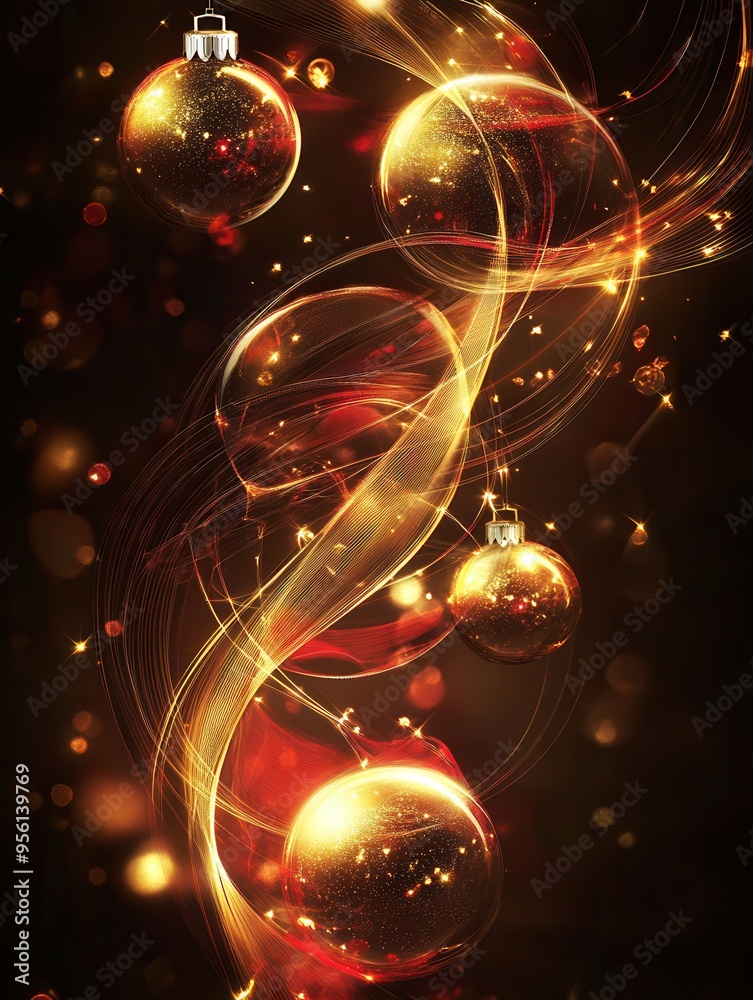 Poster abstract glowing lines twist elegantly with spherical baubles, creating a vibrant and celebratory ho