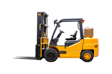 Yellow forklift with black forks and a seat. Suitable for industrial, construction, warehouse, logistics, and transportation themes