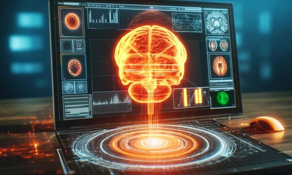 Futuristic Medical Visualization: Digital Brain Interface with Advanced Neural Analysis on a Laptop Display for Cutting-Edge Healthcare Technology