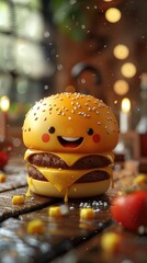 Obraz premium Smiling Cheeseburger on Rustic Wooden Table