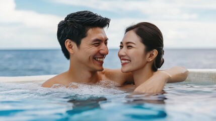 Obraz premium A couple enjoys a joyful moment together in a serene pool overlooking the ocean during a sunny afternoon