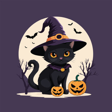 recommend clip art: Halloween tshirt design concept featuring Black cat in witch costume with Moon, bats, and pumpkin or jack o lantern