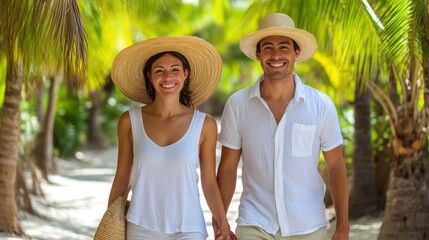 Happy couple walking hand in hand down a tropical pathway surrounded by palm trees on a sunny day