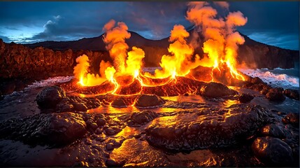 Volcanic eruption at night. Molten lava flows down the slopes of the volcano, creating a fiery spectacle against the dark sky. 2