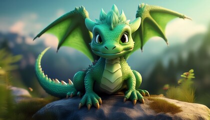 Obraz premium Adorable green dragon on a hill