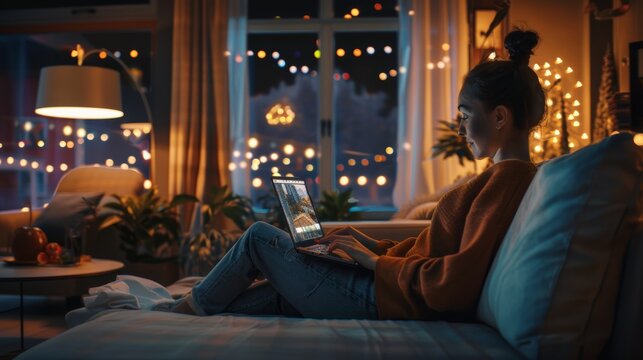 Excited shoppers browse cyber monday deals on laptops and smartphones in a cozy home setting