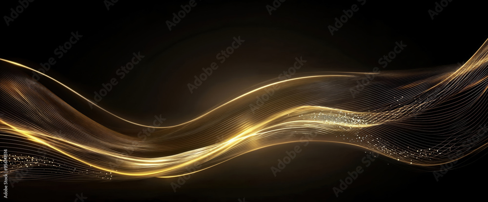 Poster abstract golden wave flowing on black background with glitter particles, abstract background. high q