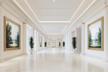 A grand gallery featuring classical sculptures, large paintings, and luxurious decor
