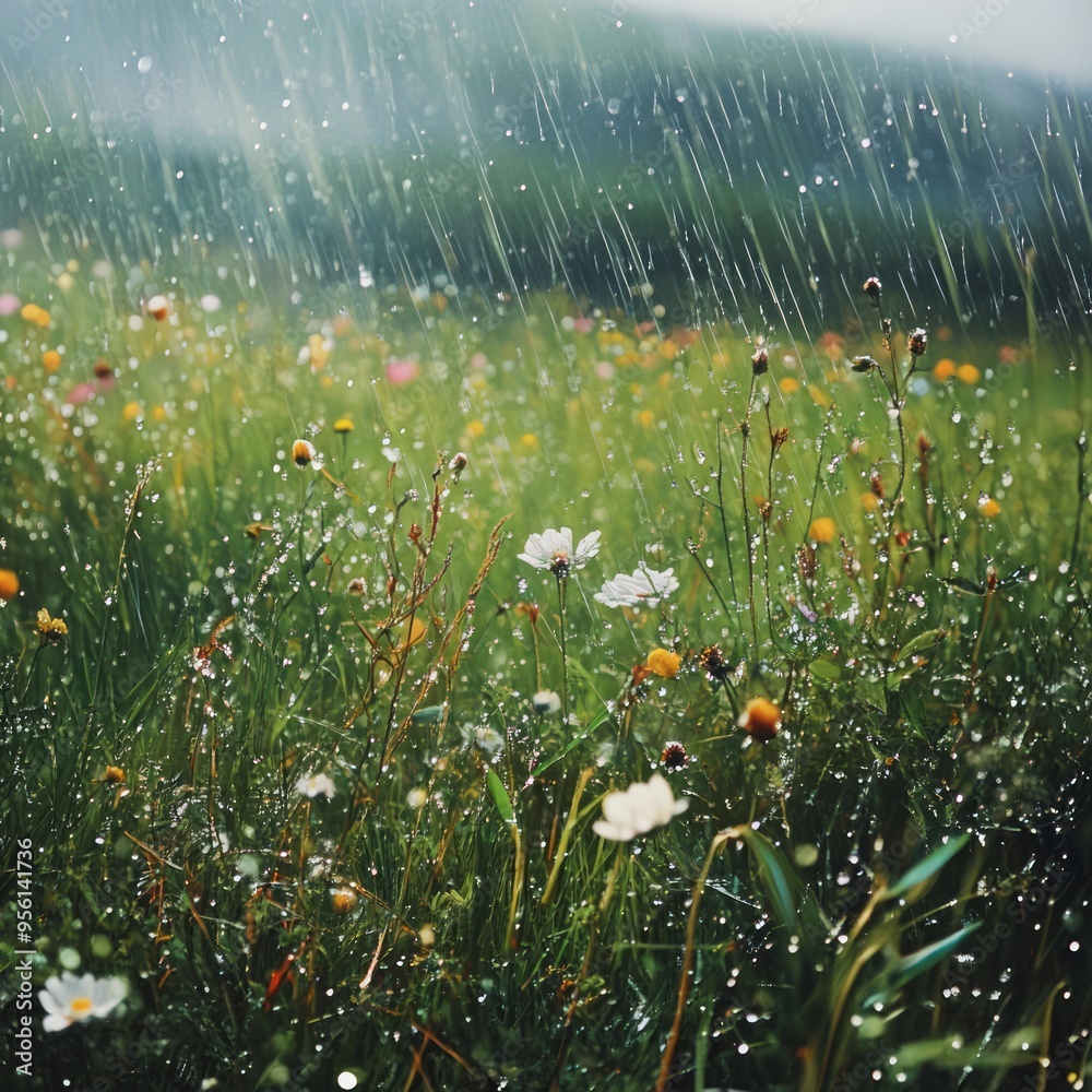 Canvas Prints A close-up shot of a vibrant wildflower meadow bathed in soft, gentle rain.