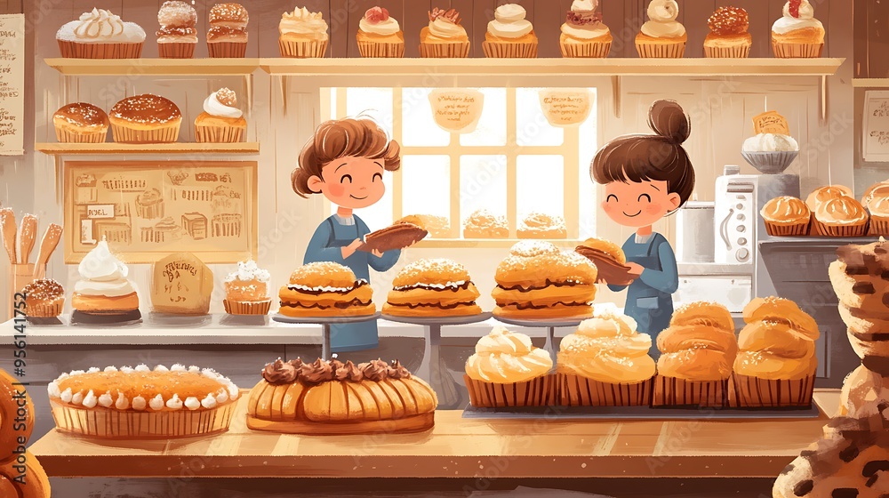 Wall mural happy bakery workers displaying delicious pastries