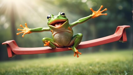 Naklejka premium surprised happy frog flailing arms and legs in mid leap off a seesaw elevated position.
