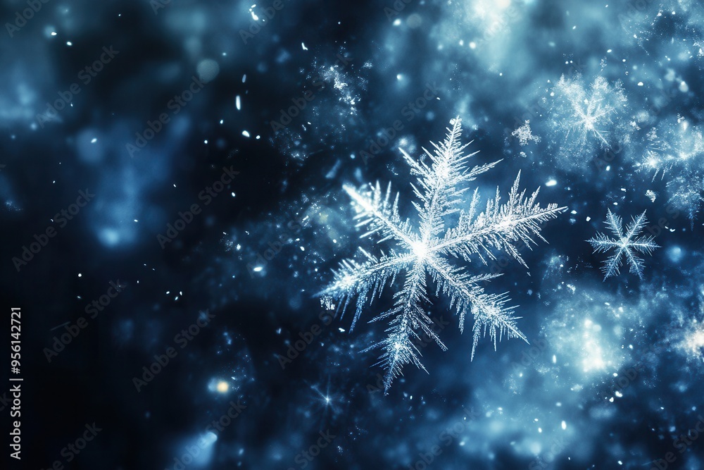 Poster Delicate snowflakes float amidst soft lines, capturing a serene winter atmosphere with shimmering details and a cool color scheme. Generative AI