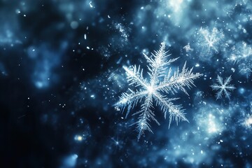 Fototapeta premium Delicate snowflakes float amidst soft lines, capturing a serene winter atmosphere with shimmering details and a cool color scheme. Generative AI
