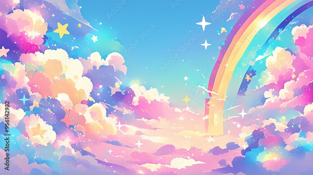 Sticker Pastel Rainbow Sky with Stars and Clouds