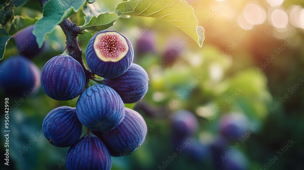 Canvas Prints Ripe Figs on a Branch in Sunlight