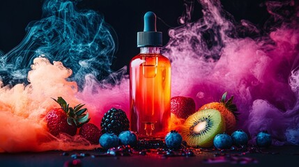 Colorful Smoke and Fruit with Vape Juice Bottle