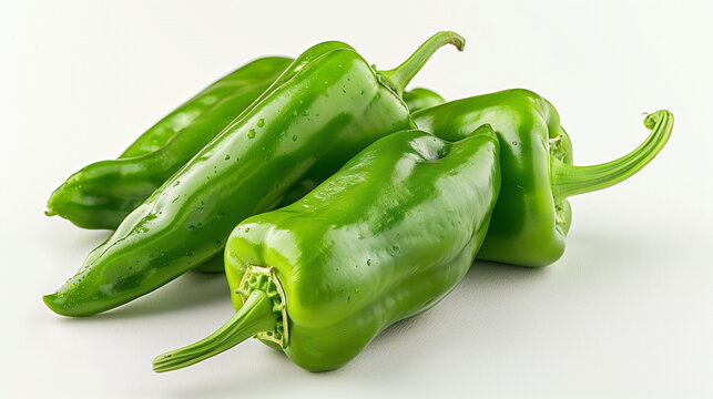  Green sweet peppers lying on a white surface, with water droplets on their skin. They look fresh and vibrant