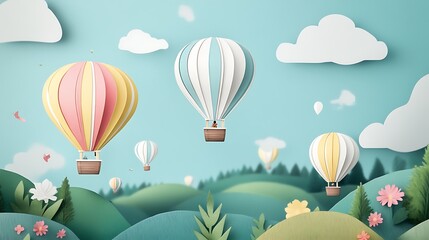 Colorful Hot Air Balloons Flying Over Papercraft Landscape