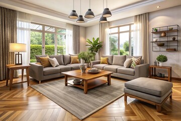 Fototapeta premium In this expansive 20x20 living room, plush furniture is strategically positioned to facilitate effortless circulation