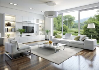 Fototapeta premium In this modern living space, high-gloss white furniture and clean lines are complemented by pops of color and