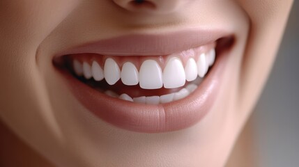 Fototapeta premium Bright and shining smile showcasing perfect white teeth and healthy gums against a neutral background
