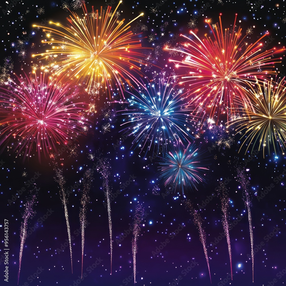 Canvas Prints A colorful fireworks display fills the night sky with sparkling light and smoke trails.