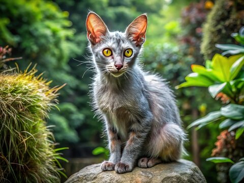 A plush lykoi cat with silvery-gray coat and mottling sits calmly on a grey stone, surrounded by lush green foliage, awaiting attention.