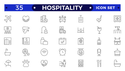 Set of outline icons related to the hospitality industry. Travel set. Summer vacations and holiday symbol vector illustration. traveling tourism elements.