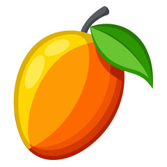 Colorful cartoon illustration of a mango with a green leaf