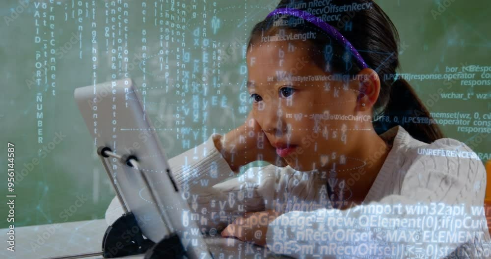 Poster programming code animation over young girl using tablet at desk