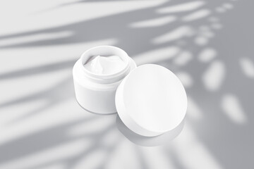 White cosmetic cream jar on white background for product presentation mockup rendering with shadow overlay