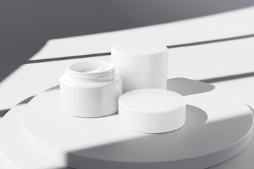 White cosmetic cream jar on white background for product presentation mockup rendering with shadow overlay
