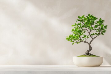 Artisan-crafted bonsai tree in a minimalist Zen space, soft lighting, detailed textures, calming atmosphere