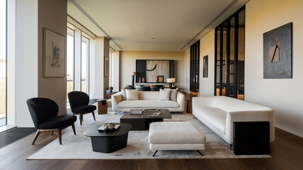 Fototapeta premium Modern and stylish living room with contemporary furniture, large windows, and elegant decor in neutral tones.