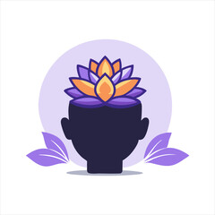 Vector illustration of a head silhouette with lotus flower and leaves icon for harmony