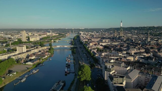 The drone aerial view of Rouen Cathedral and old town of Rouen, Primate of Normandy, France. Rouen is a city on the River Seine, in northern France. It is the prefecture of the region of Normandy. 