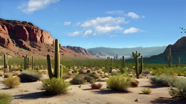 Desert view during the day with some cacti and bushes. Seamless 4K looping timelapse video animation background
