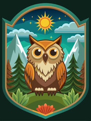 Obraz premium Wise Owl in Mountain Landscape with Sun and Stars