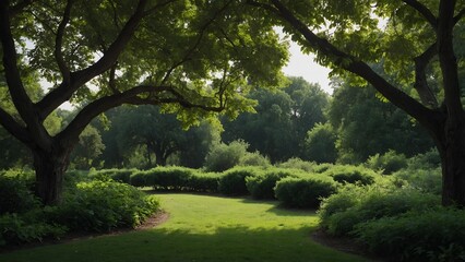 Fototapeta premium Green park landscape with bushes and trees, cut out 