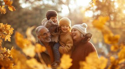 Happy Multigenerational Family Enjoying Autumn Outdoors. A heartwarming image of a multigenerational family, including grandparents and grandchildren, enjoying a day outdoors in the autumn season - Powered by Adobe