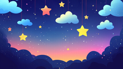 Whimsical Dreamy Clouds and Stars in a Night Sky. A charming and whimsical illustration of fluffy clouds and playful stars set against a calming night sky