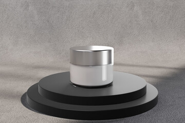 White cosmetic cream jar on concrete background for product presentation mockup rendering