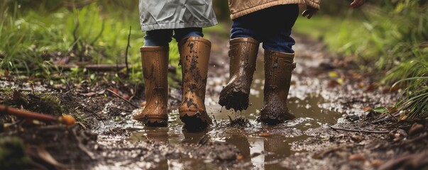 Children in muddy boots walking through forest trail.