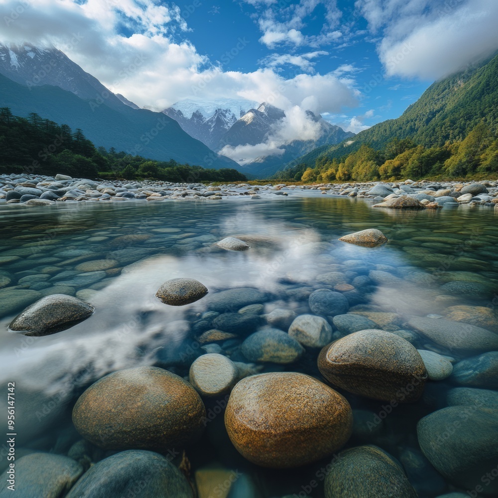 Canvas Prints A crystal clear river flows through a valley, with smooth, rounded rocks in the foreground and majestic mountains in the distance.