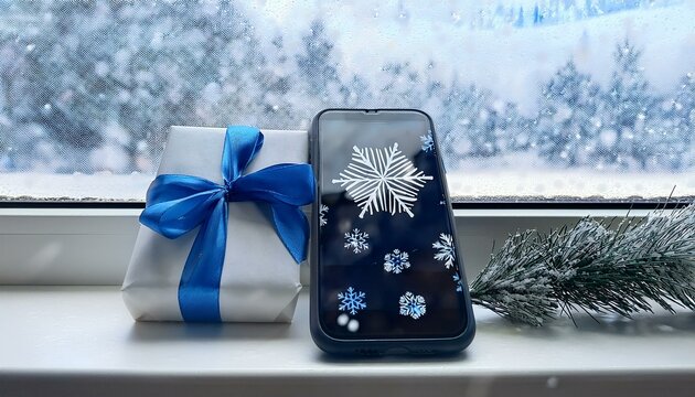 A close-up of a black smartphone wrapped in silver and white snowflake-patterned paper