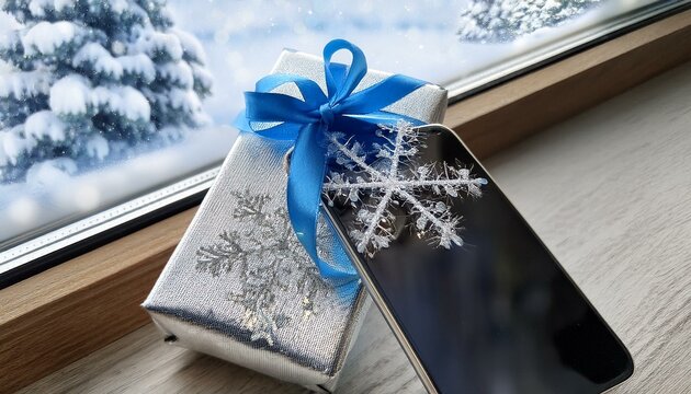 A close-up of a black smartphone wrapped in silver and white snowflake-patterned paper