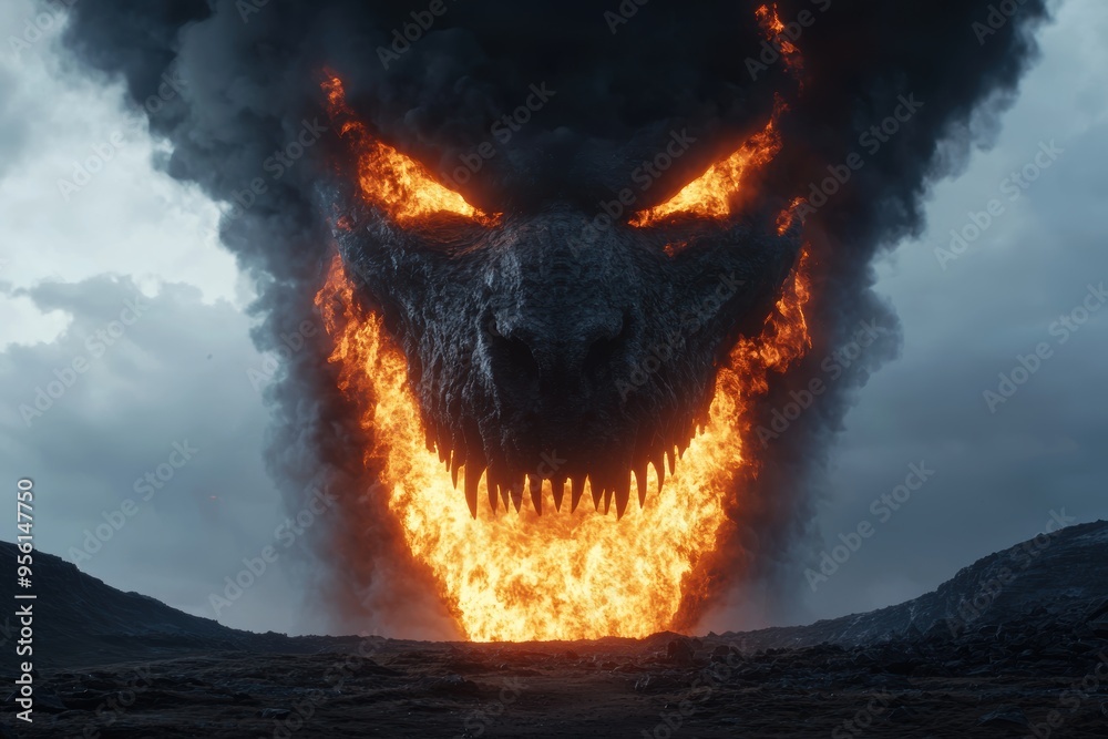 Poster Fiery demonic creature emerging from flames